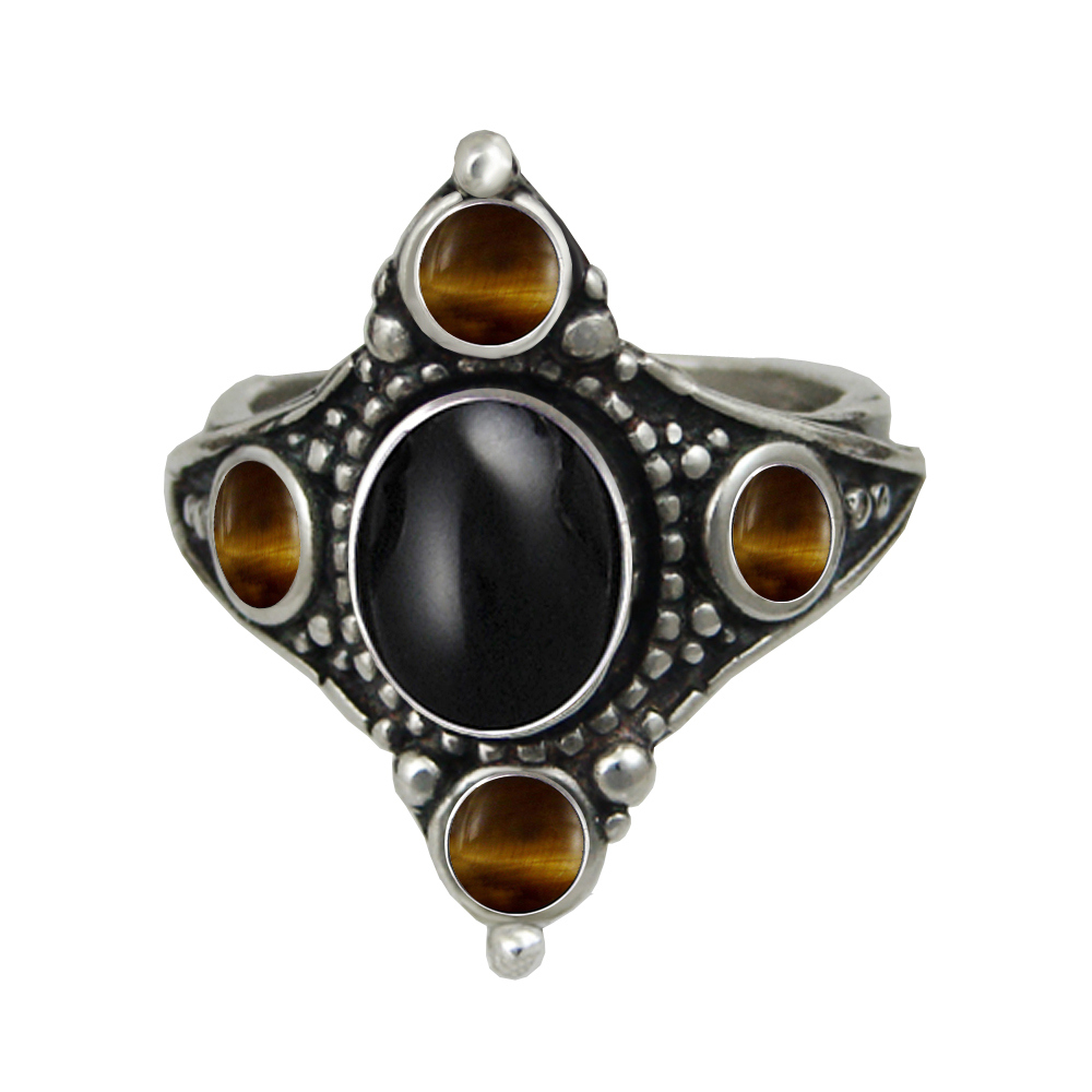 Sterling Silver Renaissance Queen's Ring With Black Onyx And Tiger Size 10